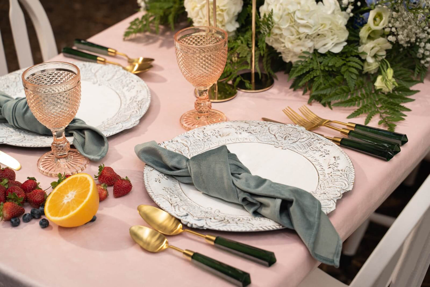 gold cutlery set with emerald green renting in Toronto