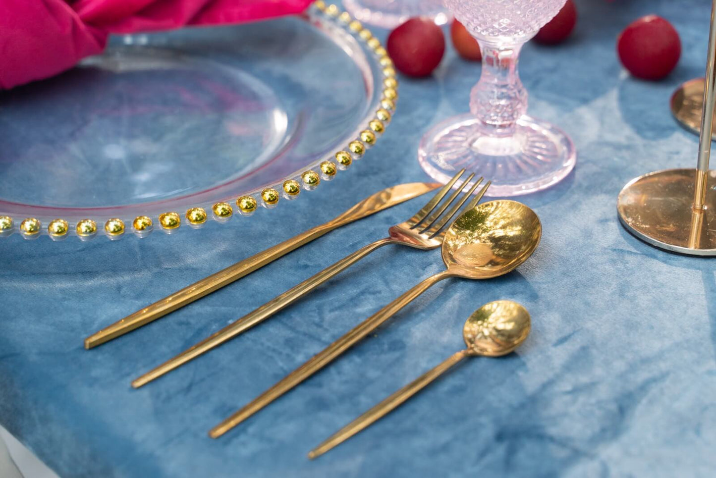 Gold beaded glass charger plate rent in Vaughan