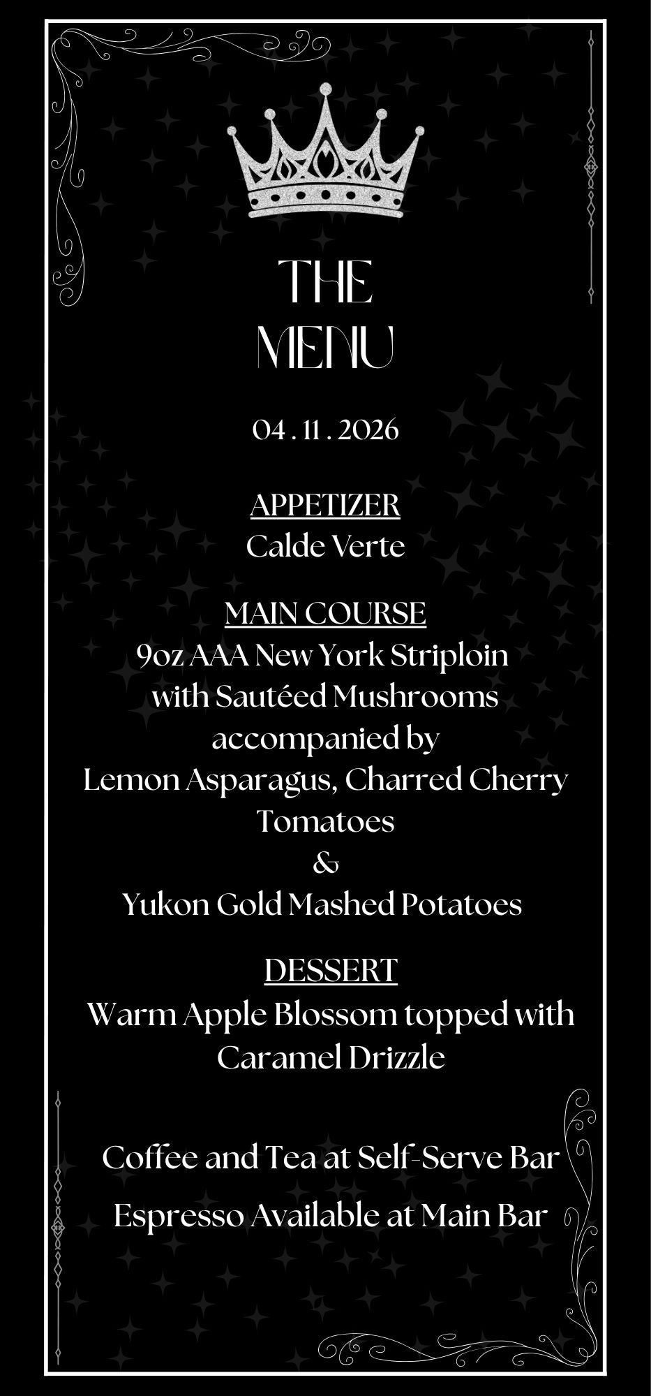 A black menu card with white text and decorative border elements, featuring a crown at the top and the heading 'THE MEENU'. The card lists a meal schedule dated 04.