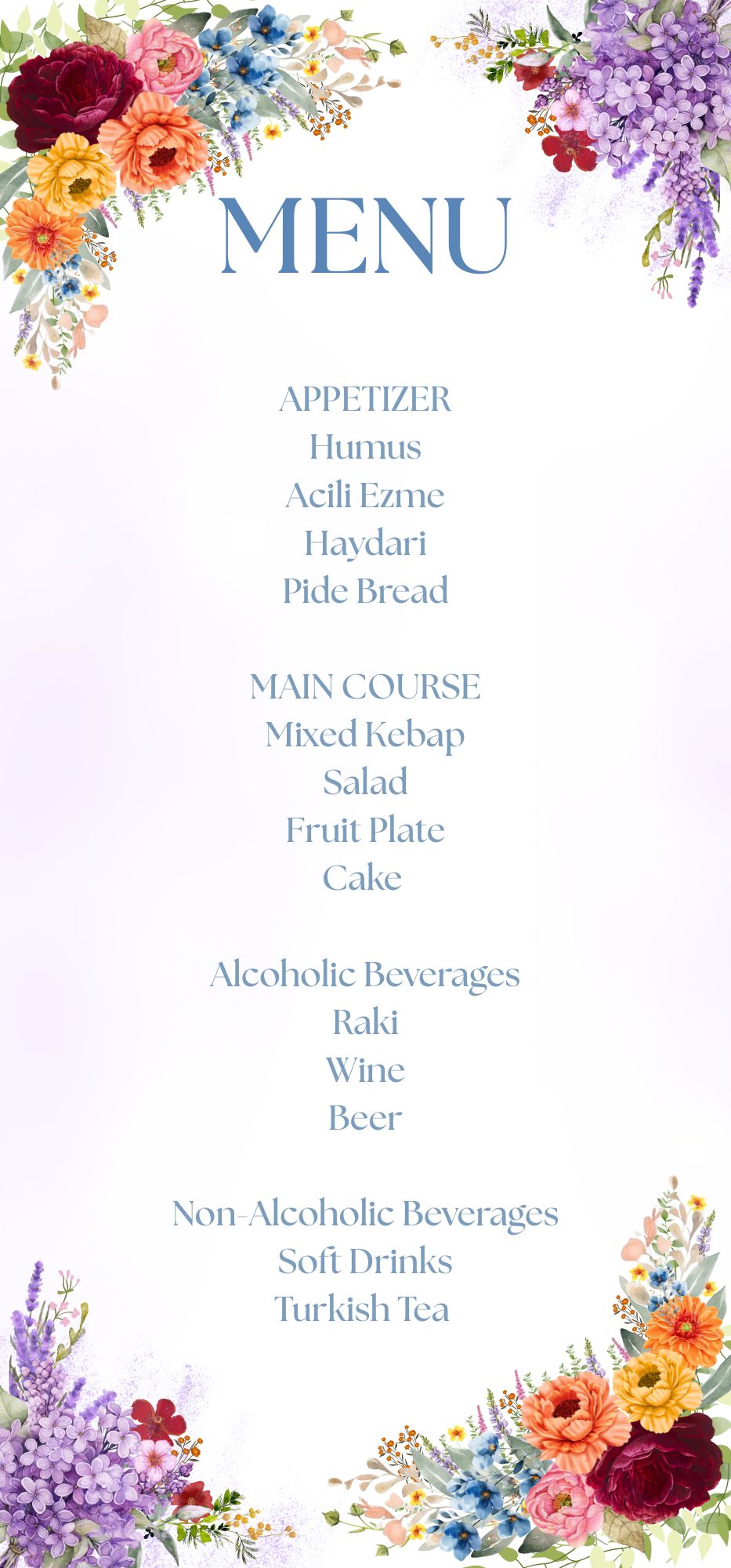 A vertical wedding menu card featuring a white background, elegant blue serif text for 'MENU' and a detailed list of courses and beverages, framed by colorful watercolor floral arrangements in the top-left and bottom-right corners.