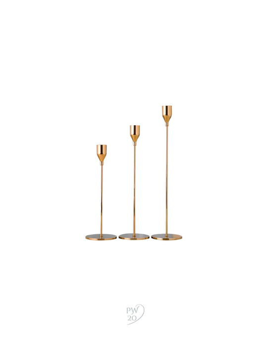 3 different size Gold Taper candle holder for wedding decor rentals