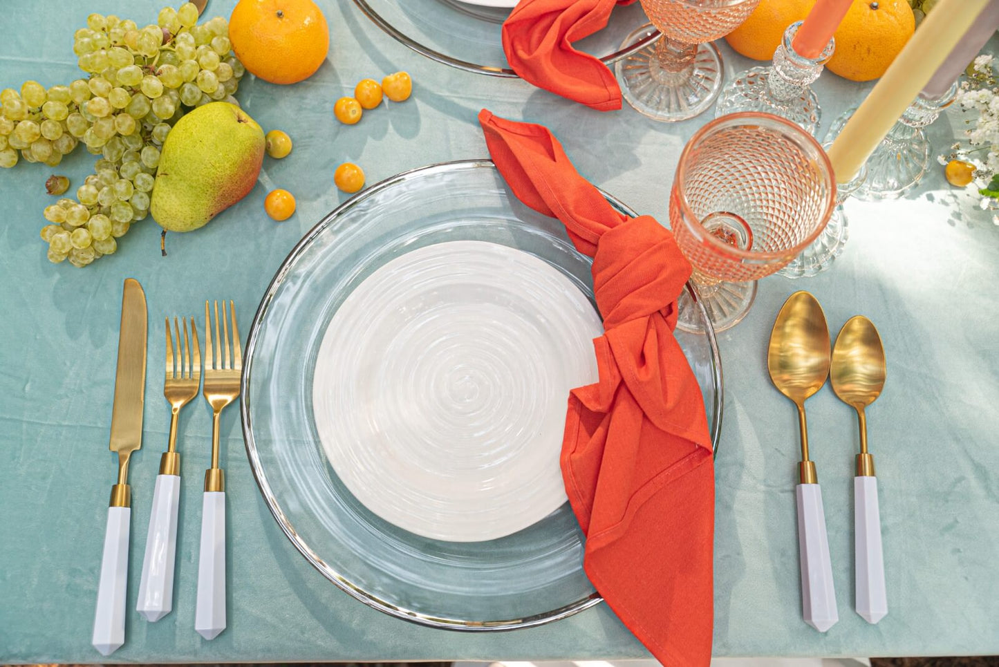 Gold cutlery set with white handle for wedding