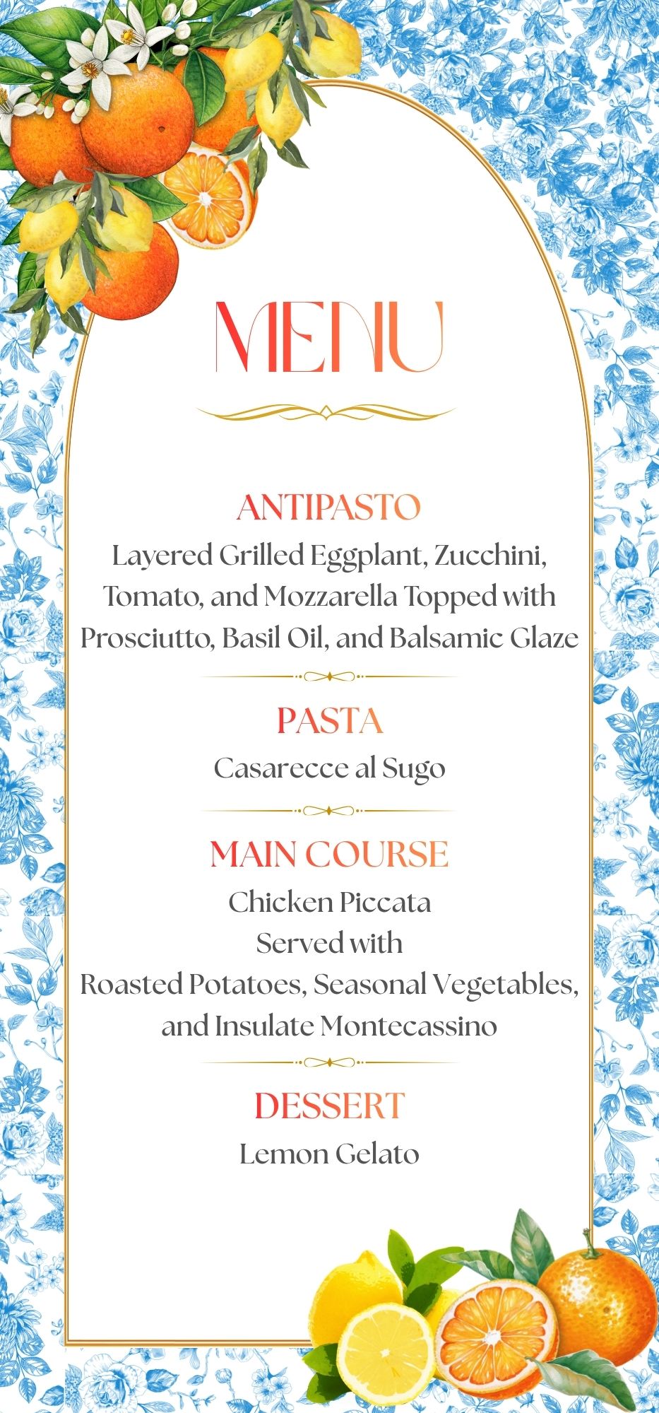 A vertical wedding or event program/booklet cover featuring a white arched center panel with a blue floral border and orange citrus illustrations. The panel is headed 'MENU' and lists appetizers, pasta, main course, and dessert in Italian text.