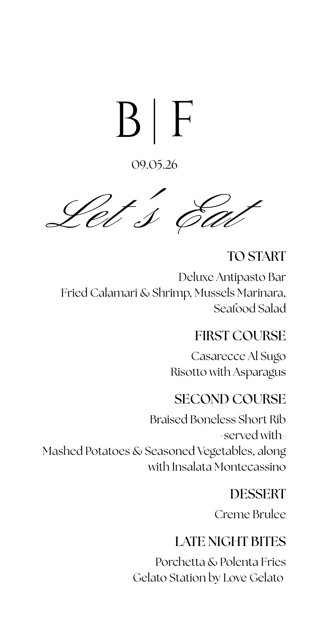 A black and white printed restaurant menu page with the header 'B|F', date '09.05.