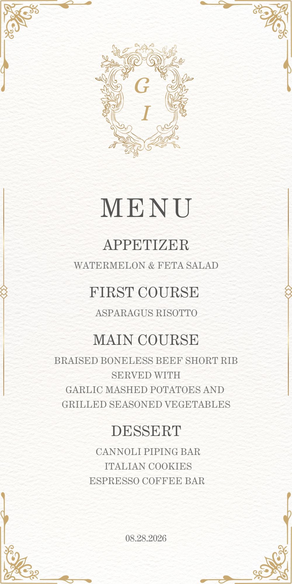 An elegant vertical wedding menu card with a textured off-white background, featuring gold decorative corner flourishes and a central gold monogram crest. The text is printed in a classic serif typeface and lists appetizers, main courses, and desserts.