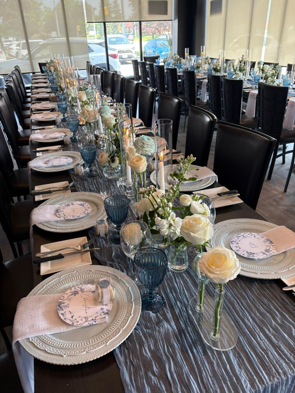 blue charger plate napkin glassware rent toronto