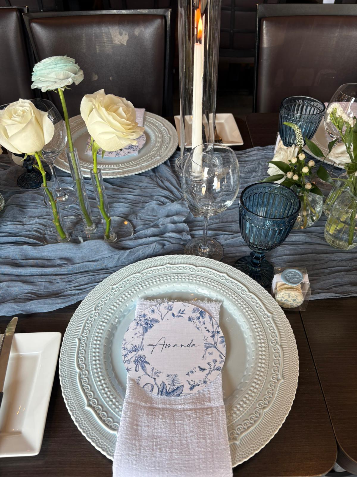 blue charger plate napkin glassware rent toronto